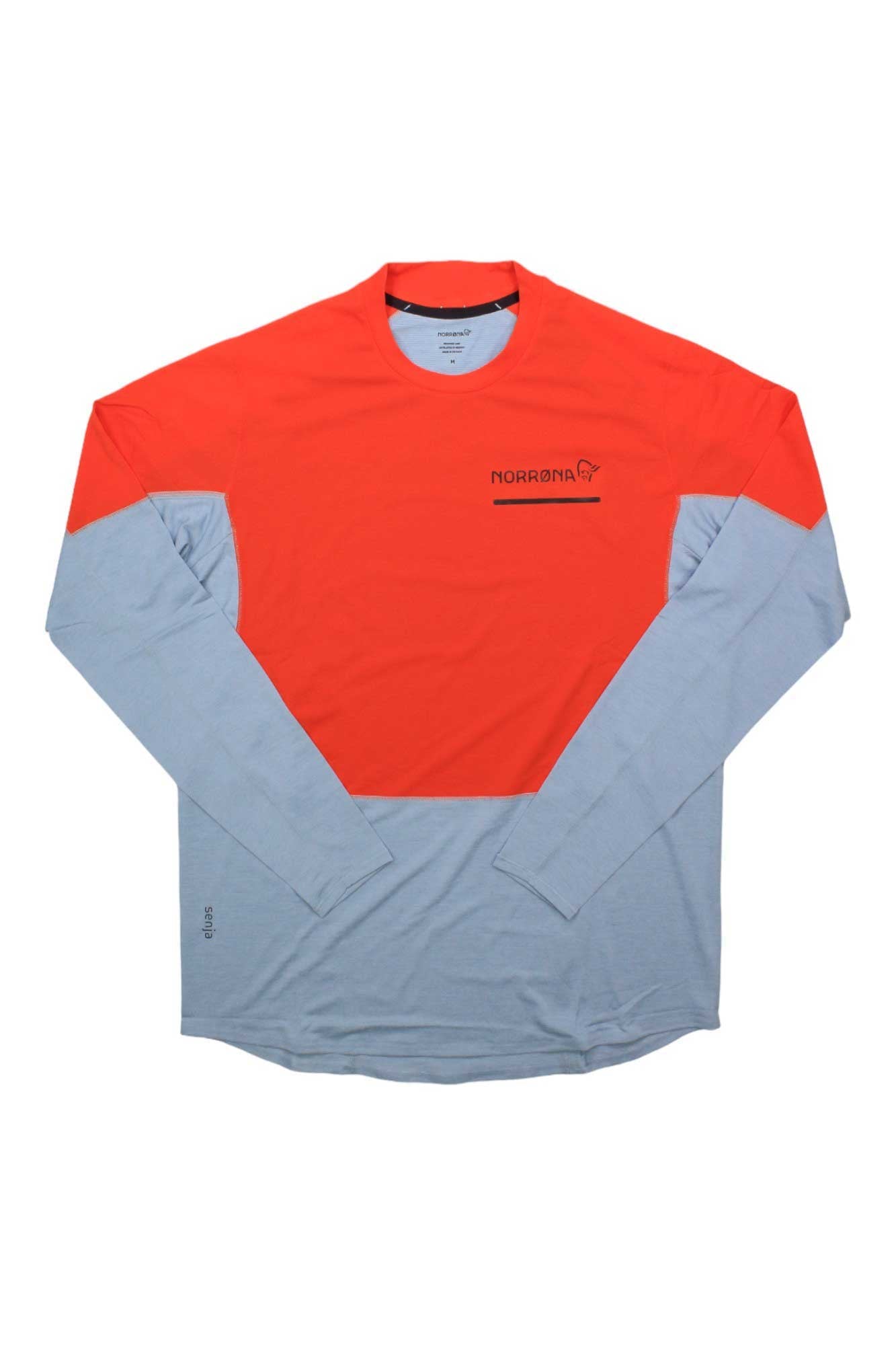 Men's lightweight long-sleeve top with crew neck, Norrona logo, red-orange and light blue.
