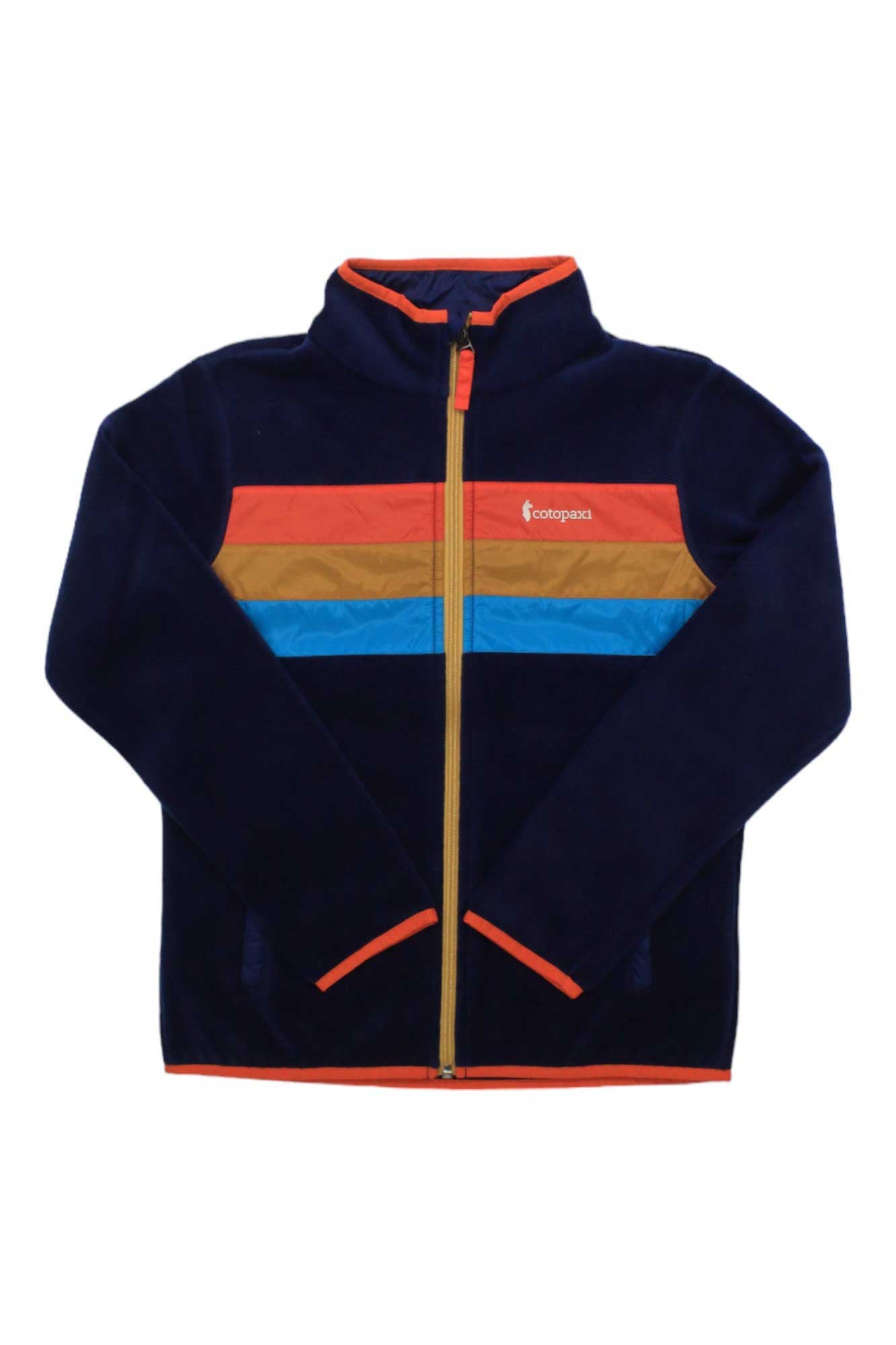 The Cotopaxi Kids Teca Fleece Jacket is a navy blue recycled fleece jacket with a yellow zipper, orange trim, and colorful stripes across the chest. The Cotopaxi logo is on the left—ideal for outdoor adventures.
