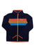 The Cotopaxi Kids Teca Fleece Jacket is a navy blue recycled fleece jacket with a yellow zipper, orange trim, and colorful stripes across the chest. The Cotopaxi logo is on the left—ideal for outdoor adventures.