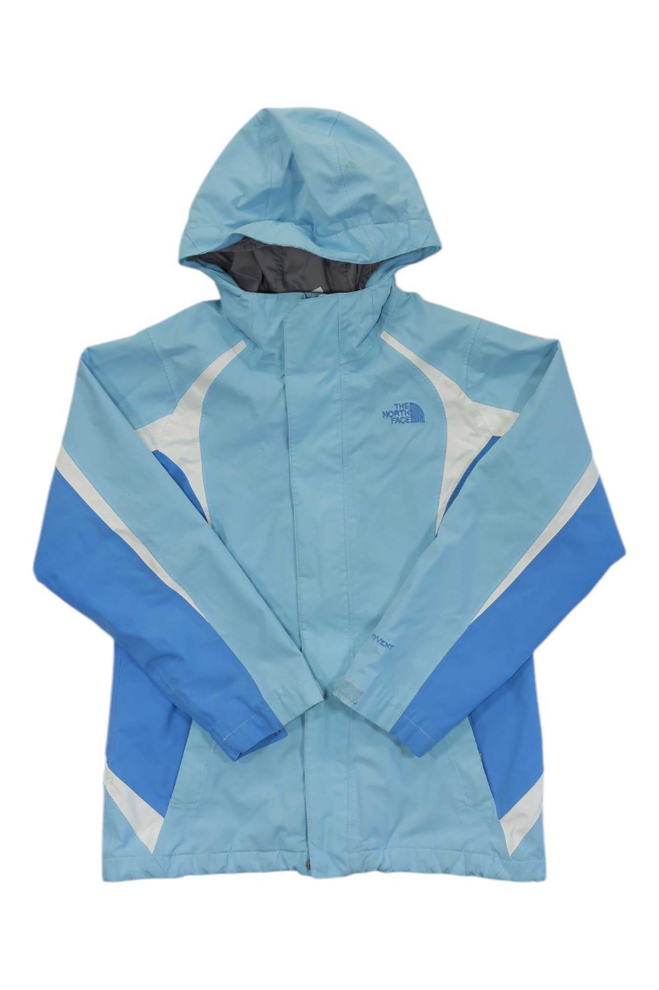The Nimbostratus Triclimate 3-in-1 Jacket is light blue with white and dark blue accents, a front zipper, waterproof shell, insulated liner, and features The North Face logo on the left chest.