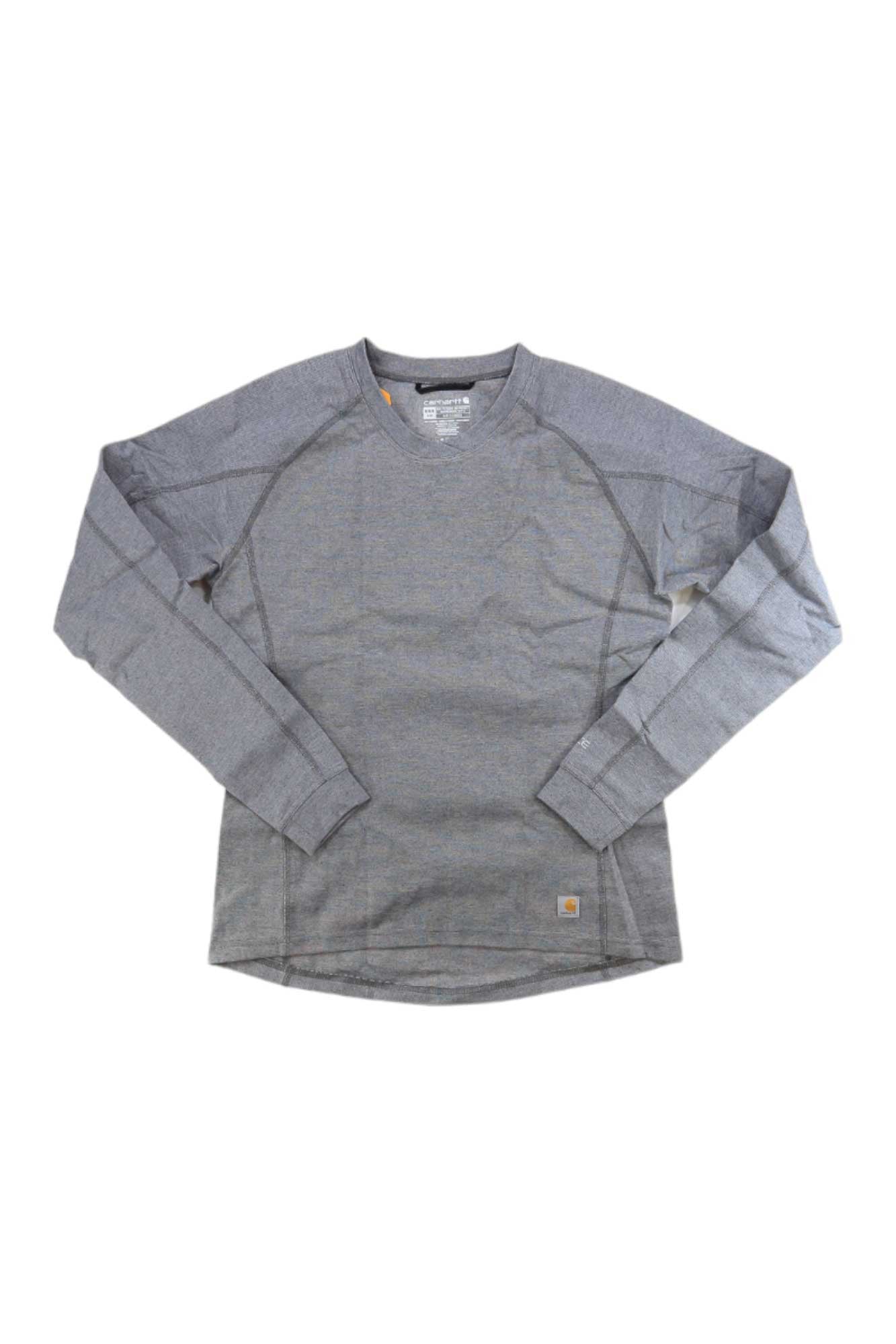 A Carhartt Womens Base Force Heavyweight Crew long-sleeve, crew neck shirt in light gray with moisture-wicking fabric, visible stitching, and a logo patch near the hem, shown flat on a white background.