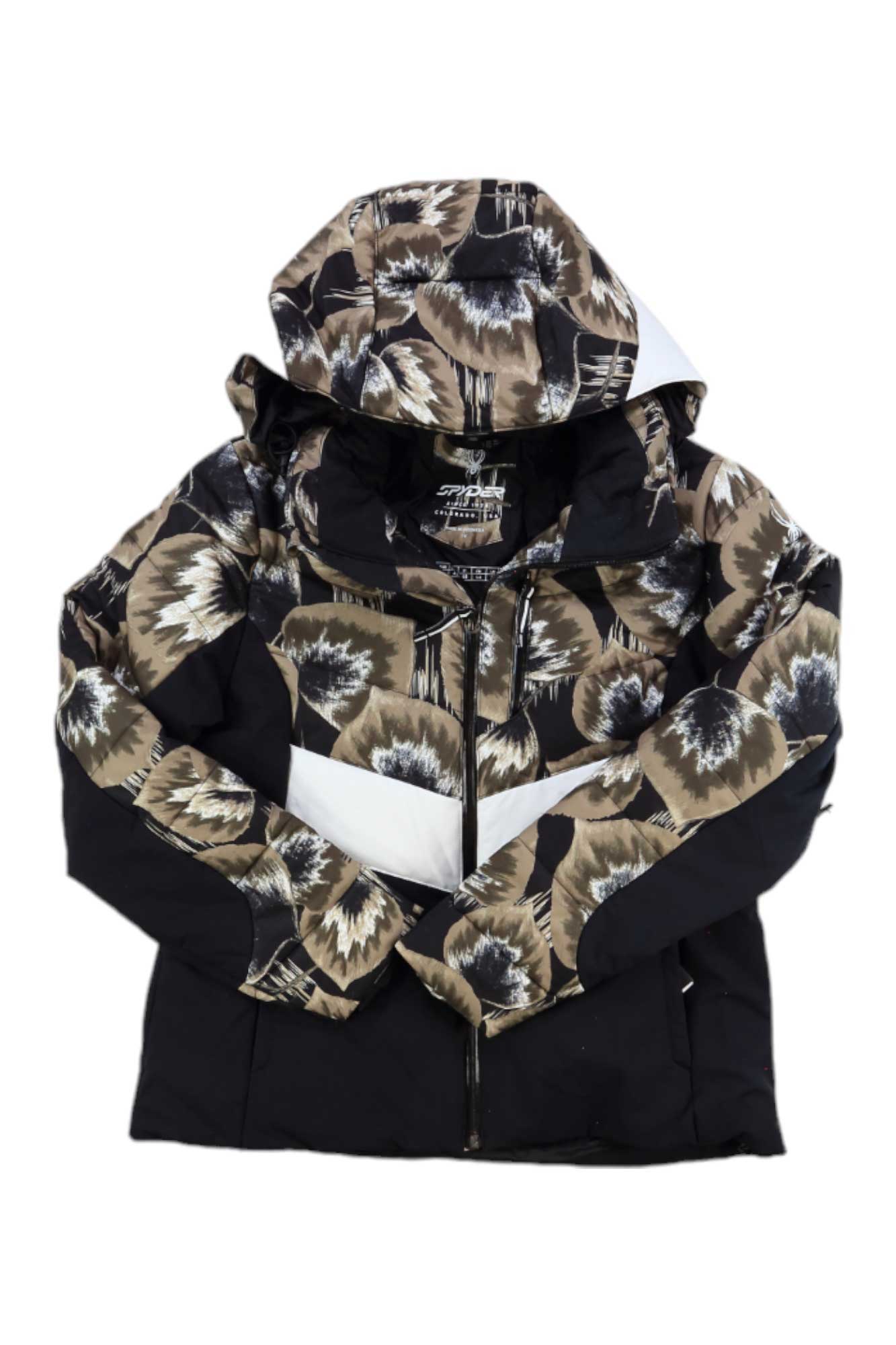 Hooded zip-front jacket for women, black base with tan-and-white leaf pattern