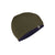The Icebreaker Pocket Hat is a green merino wool beanie with navy blue trim and a small gray rectangular logo tag on the front, ideal for snowsports. Shown on a white background.