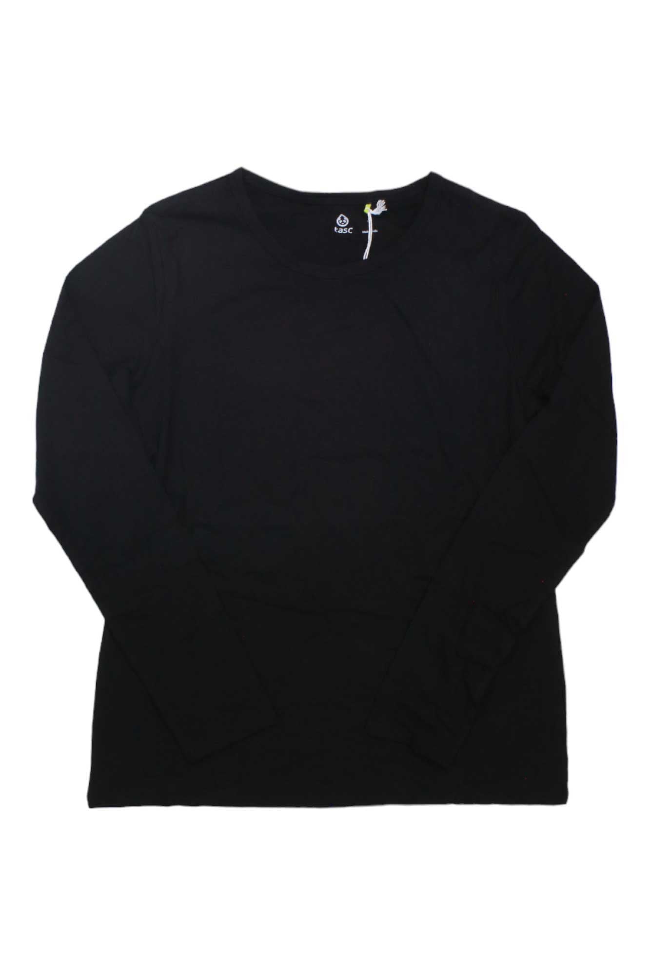 Women's black crewneck long-sleeve tee with small neckline logo and tag detail