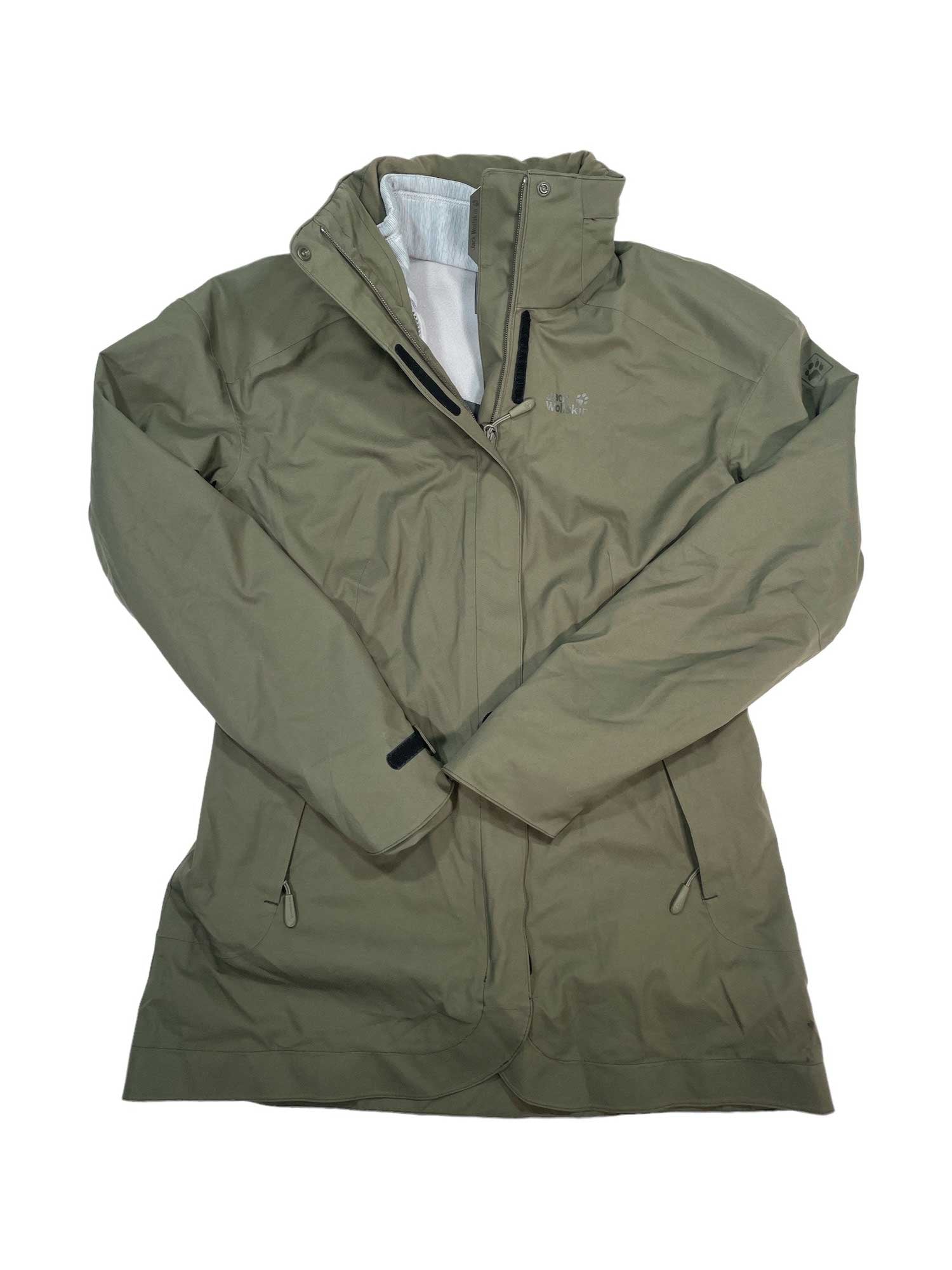 A long, olive green Womens Ruunaa 3-in-1 Waterproof Insulated Jacket with hood, front zipper, black zipper pulls, and adjustable cuffs is laid flat on a white background.