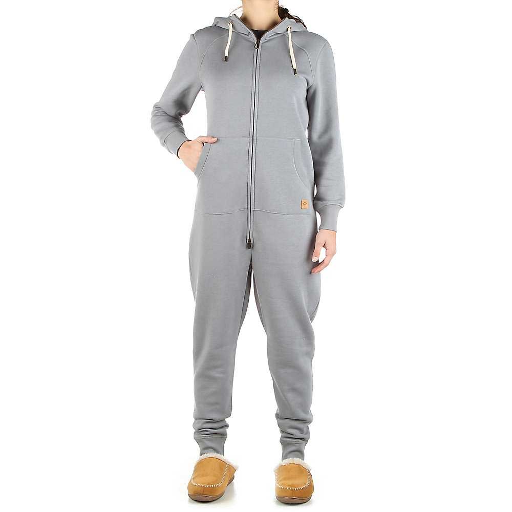 Light gray hooded zip-front onesie with front pockets and white drawstrings