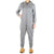 Light gray hooded zip-front onesie with front pockets and white drawstrings