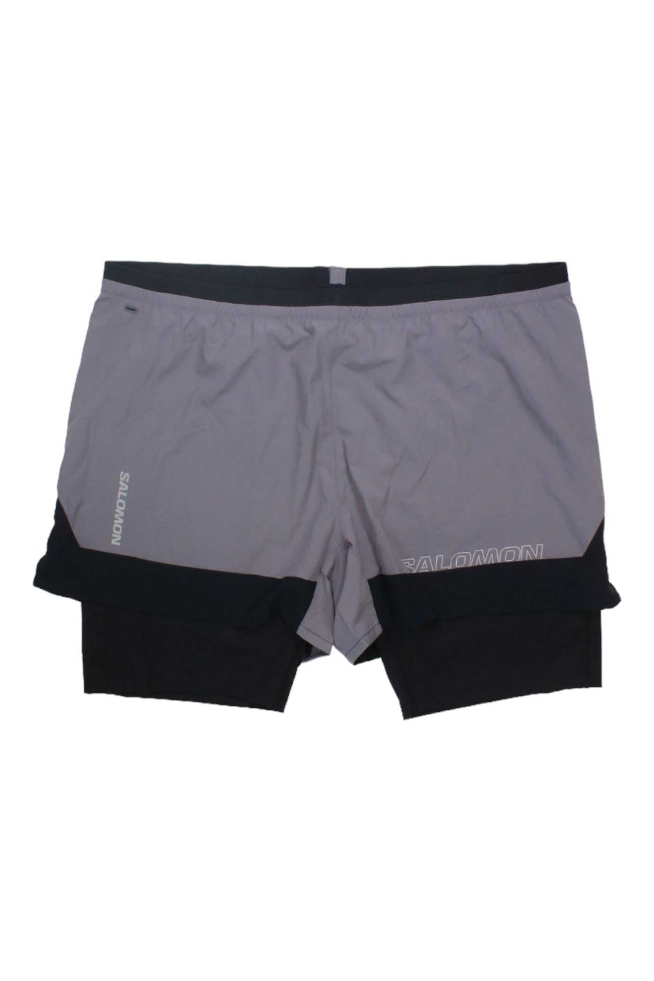 Men's gray 2-in-1 running shorts with black inner and Salomon logo