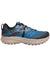 Men's trail running shoe, blue mesh upper with black logo, red accents, and rugged tread