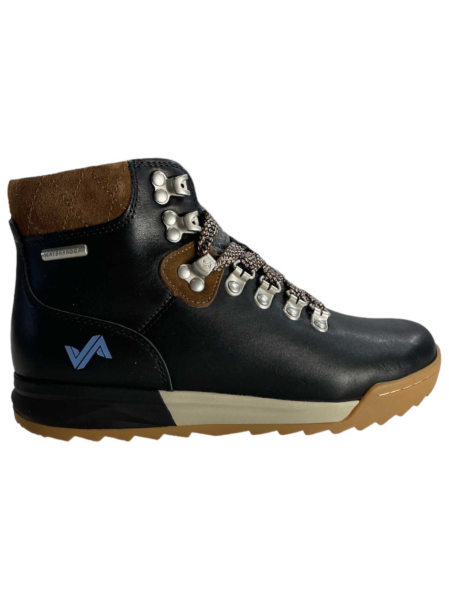 The Forsake Womens Patch Boot is a black and brown waterproof outdoor hiking boot featuring metal eyelets, patterned laces, a light brown suede heel, tan rubber sole, and a blue side logo. Displayed in side profile view.