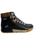 The Forsake Womens Patch Boot is a black and brown waterproof outdoor hiking boot featuring metal eyelets, patterned laces, a light brown suede heel, tan rubber sole, and a blue side logo. Displayed in side profile view.