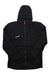 Men's black hooded jacket with center front zipper, orange pull tab, and chest logo