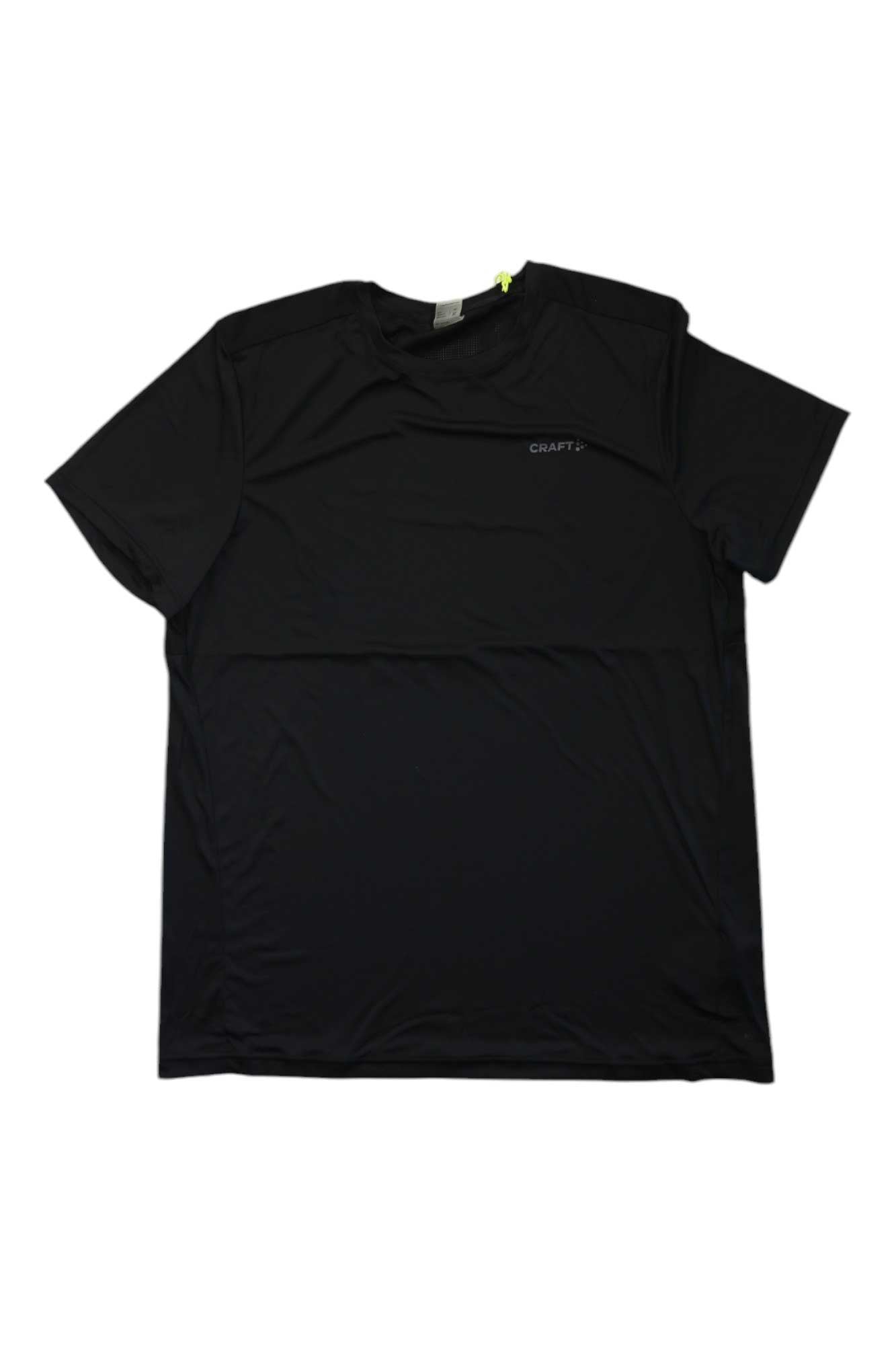 The Craft Sportswear Men's Core Essence SS Tee is a plain black, short-sleeve moisture-wicking shirt with a small CRAFT logo on the left chest—ideal for staying cool and dry during any workout.