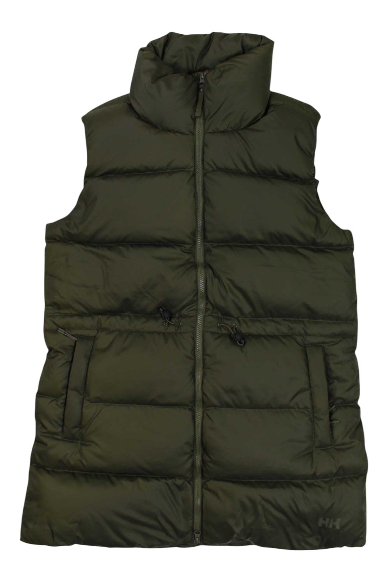 The Helly Hansen Womens Essence Down Vest is a sleeveless, dark green insulated vest with a high collar, front zipper, side pockets, and adjustable waist—ideal as a lightweight outdoor layer for chilly days.