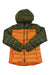 Two-tone olive and orange down hoodie, full-zip hooded puffer jacket