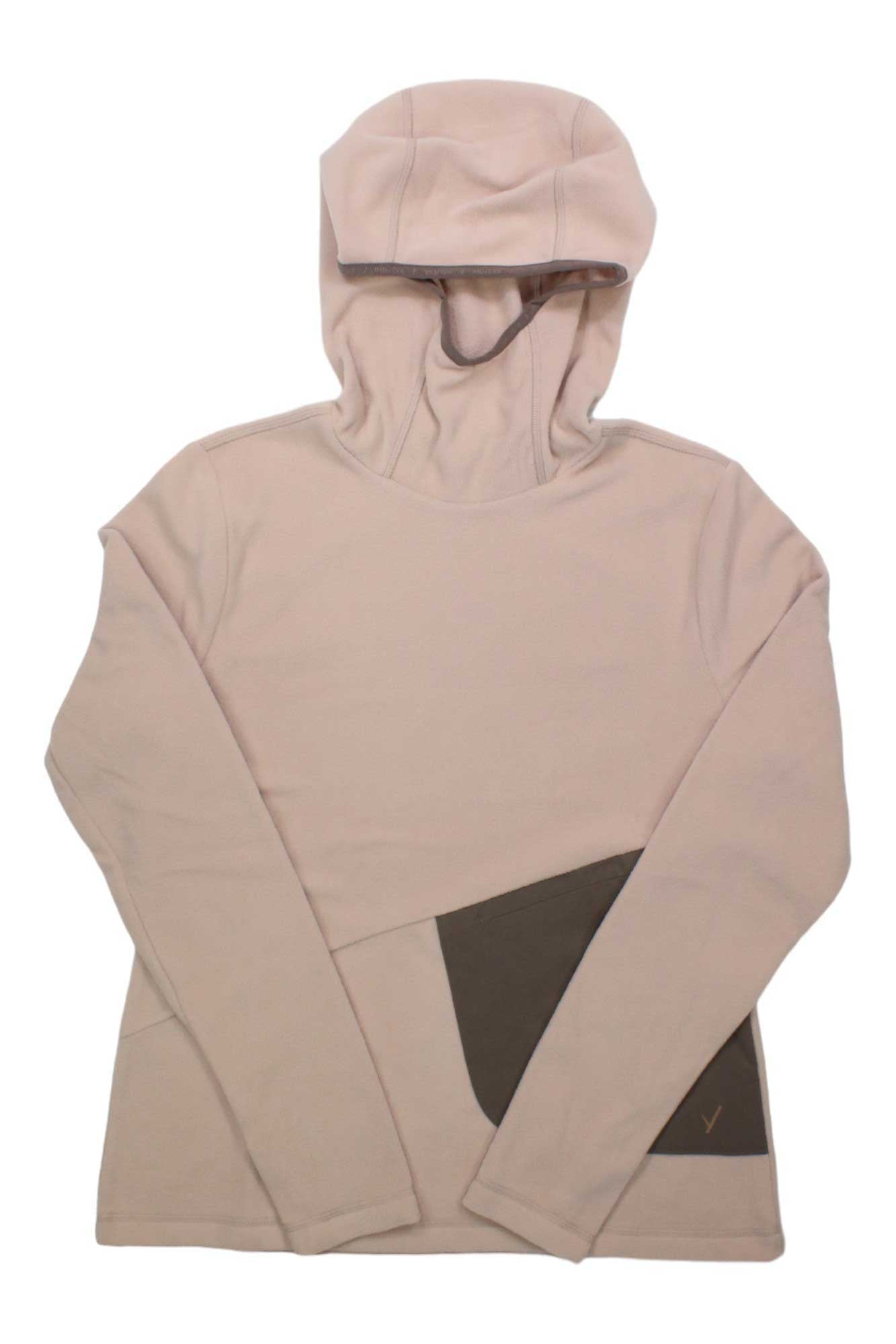 The Indyeva Womens Enak Hoody is a light beige fleece with a distinctive high-neck hood and an asymmetrical dark brown lower front patch—ideal for stylish outdoor activewear.