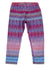 Womens Roxanne Capris featuring a vibrant ikat print in pink, blue, purple, and orange on micropoly performance jersey. Designed for yoga, shown flat on a white background.