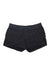 A pair of Women's Aphrodite Motion Shorts in black, featuring an elastic waistband and drawstring, are displayed flat on a white background.