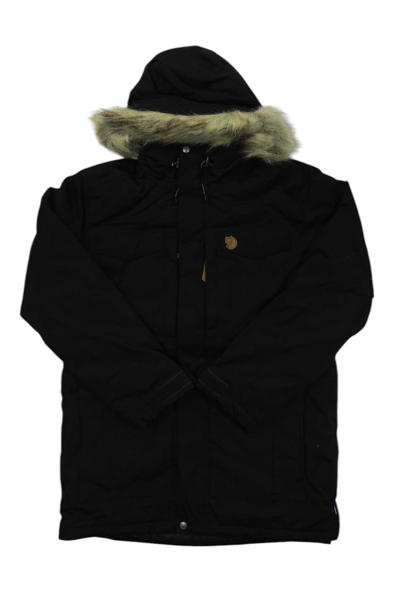 Men's Fjallraven Nuuk Parka in black with faux-fur hood and front zip