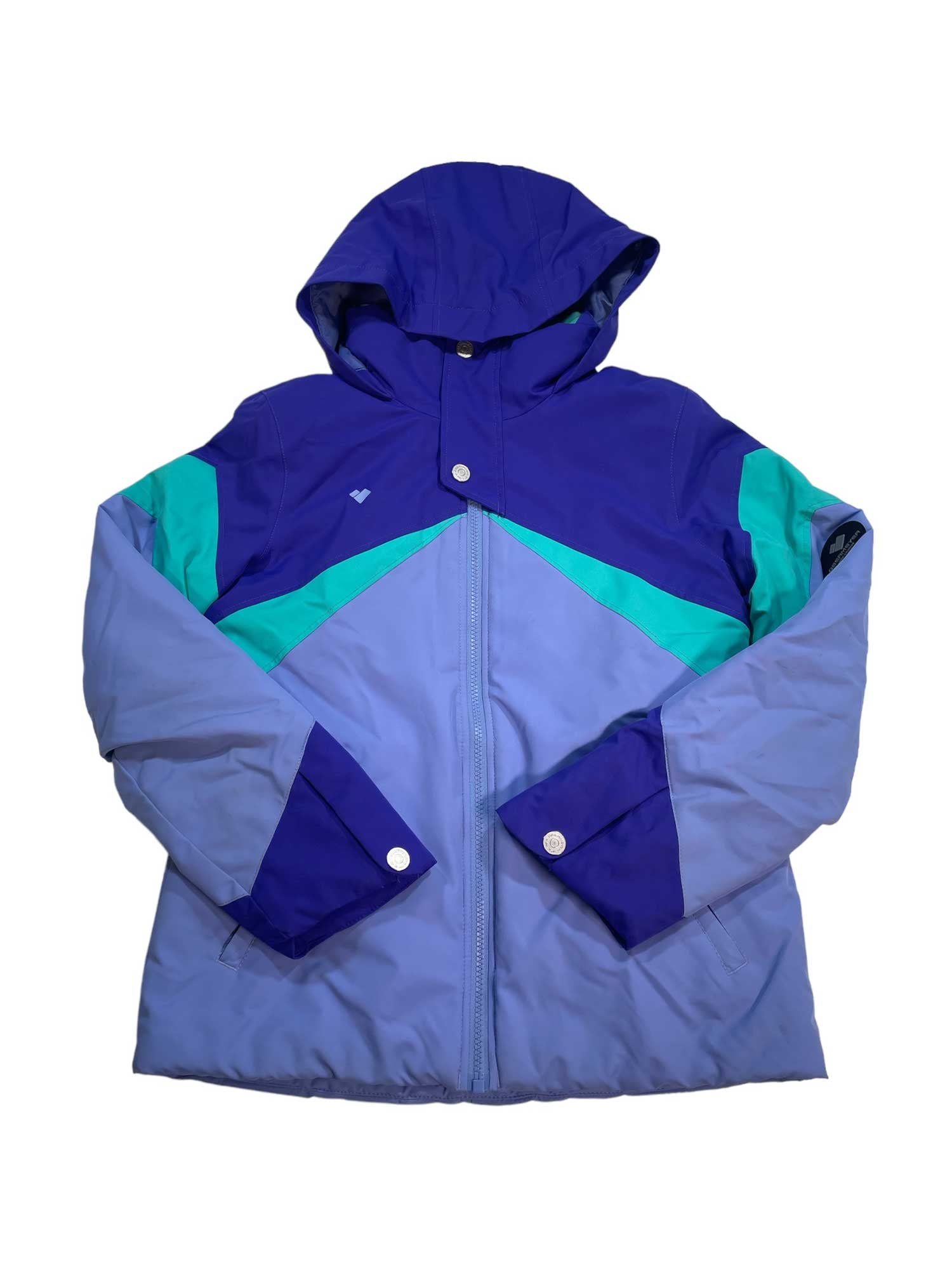 The Girls Tabor Jacket is a hooded, insulated ski jacket in blue and teal with a front zipper, snap buttons, and color-blocked design on the arms and chest.