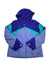 The Girls Tabor Jacket is a hooded, insulated ski jacket in blue and teal with a front zipper, snap buttons, and color-blocked design on the arms and chest.