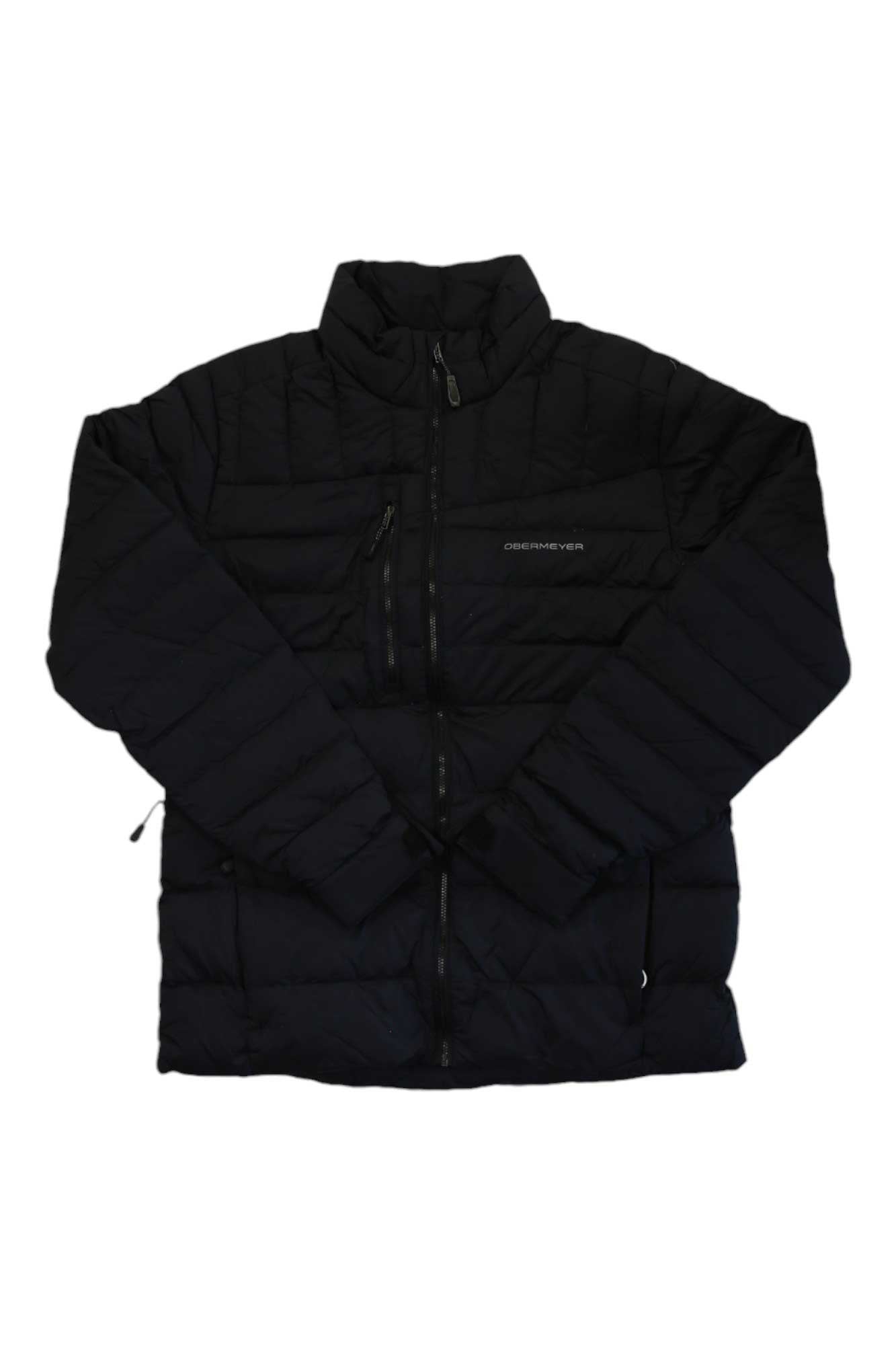 Men's black down puffer jacket with hood, full-zip front and side pockets