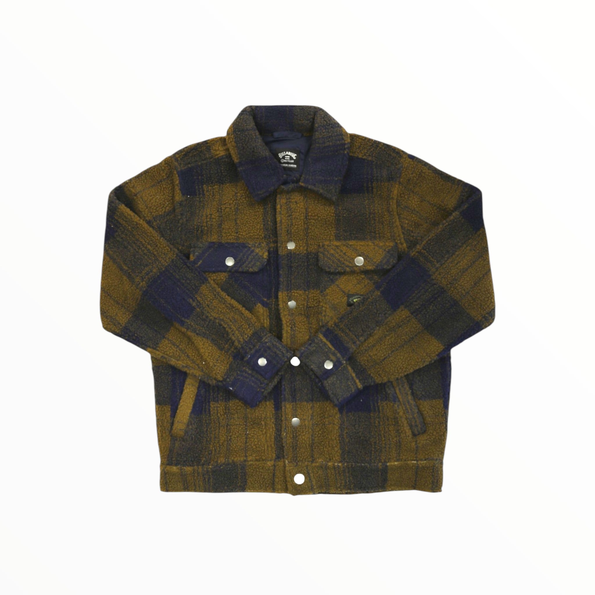 The Billabong Mens Ranger Jacket is a brown and black plaid button-up with a collar, chest pockets, and metal buttons. Made from durable polyester, it's perfect for layering as a stylish skiing jacket. Displayed flat on a white background.