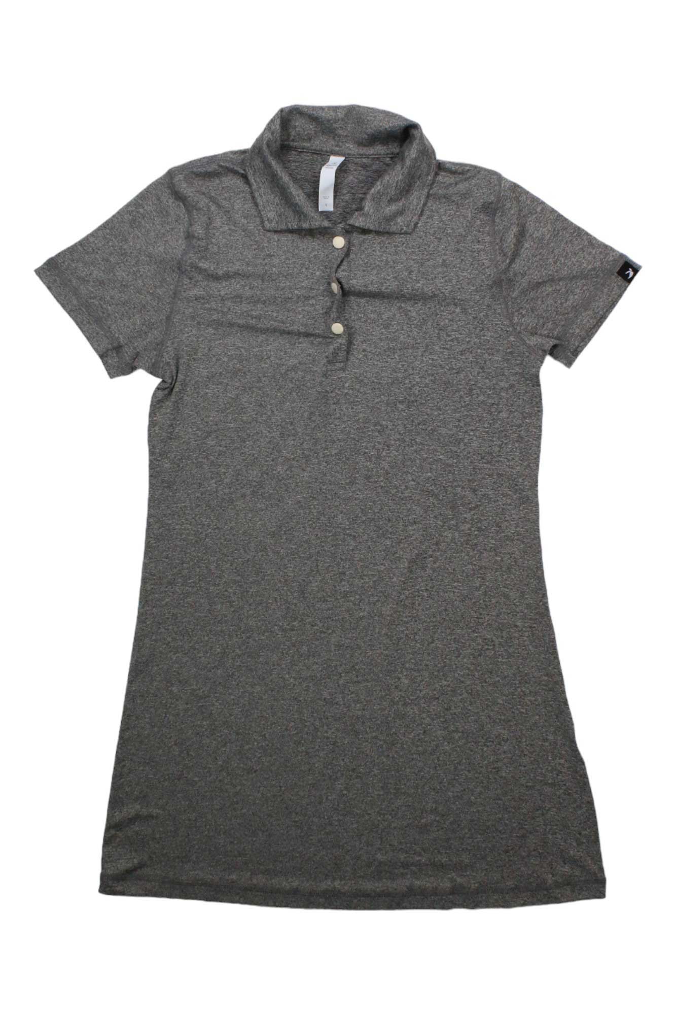 The Glyder Women's Simplicity Polo Dress is a heather gray, short-sleeved athleisure dress with a collar and three chest buttons, made from technical jersey fabric, shown laid flat on a white background.