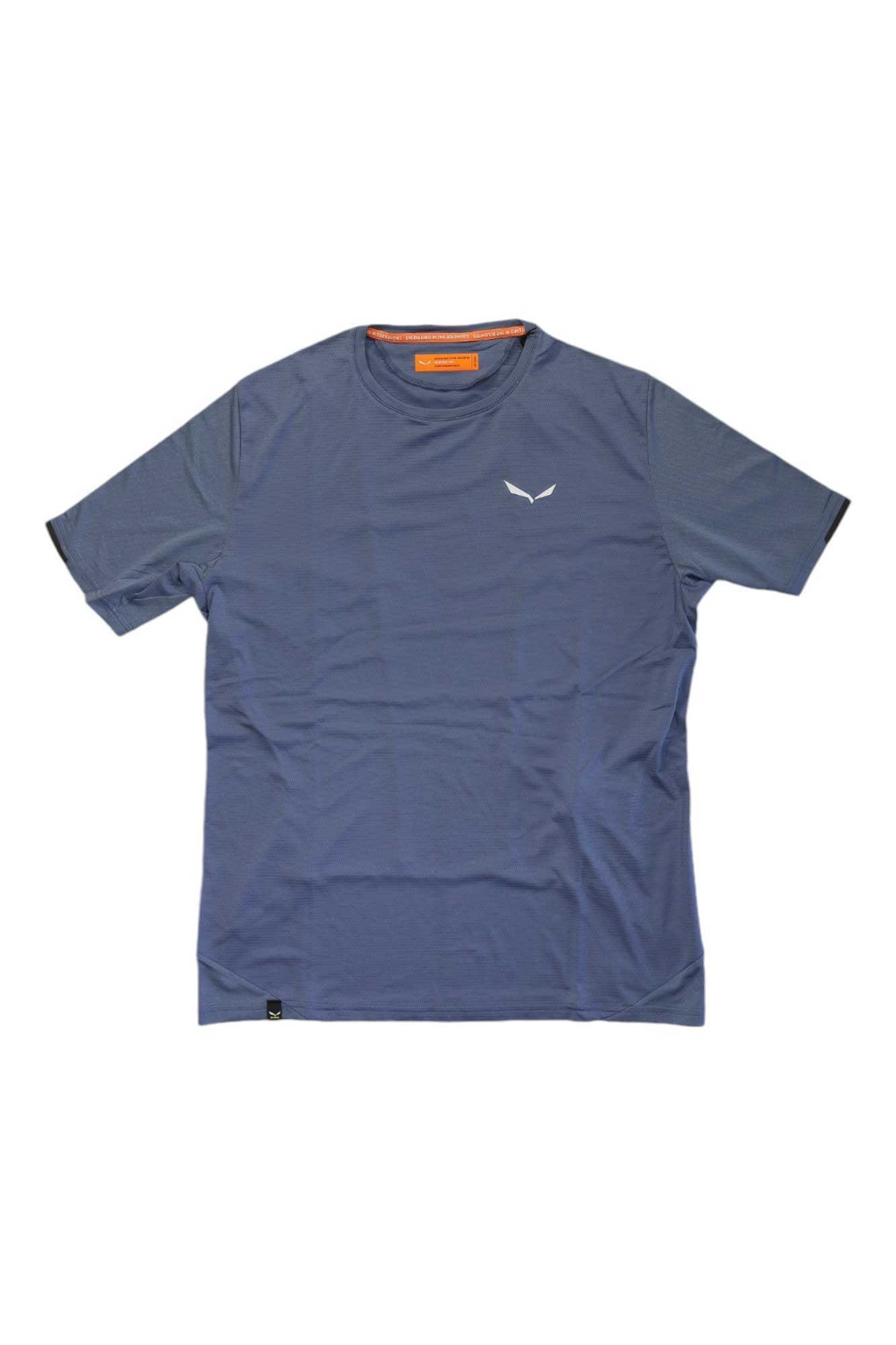 Men's dry mesh t-shirt, blue crew neck, short sleeves, small chest logo