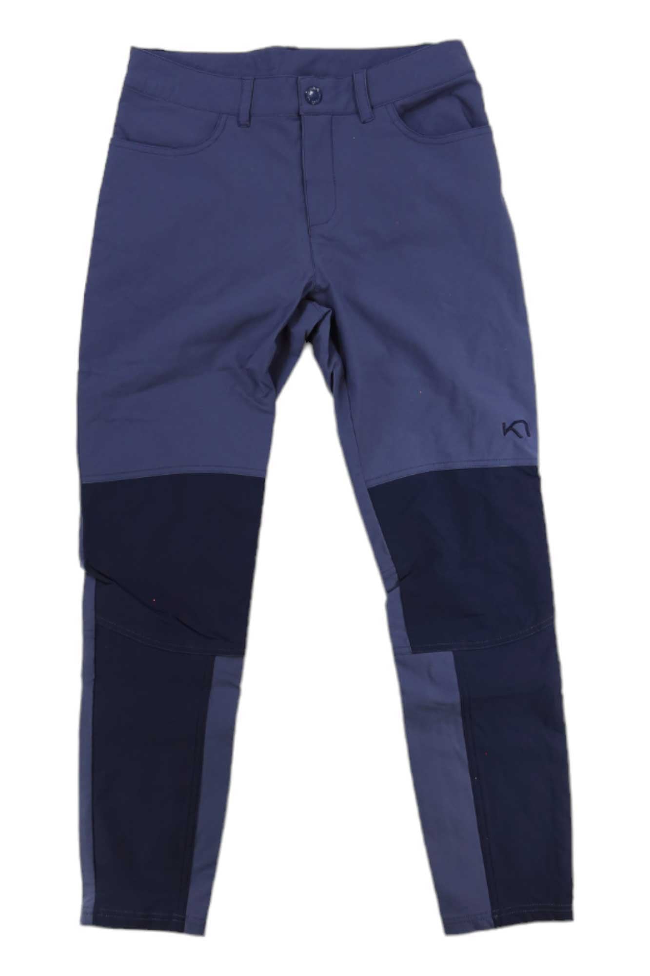 The Kari Traa Women's Thale Hiking Pant, featuring blue and navy colorblock design, front pockets, button closure, and reinforced knee panels, is laid flat on a white background.