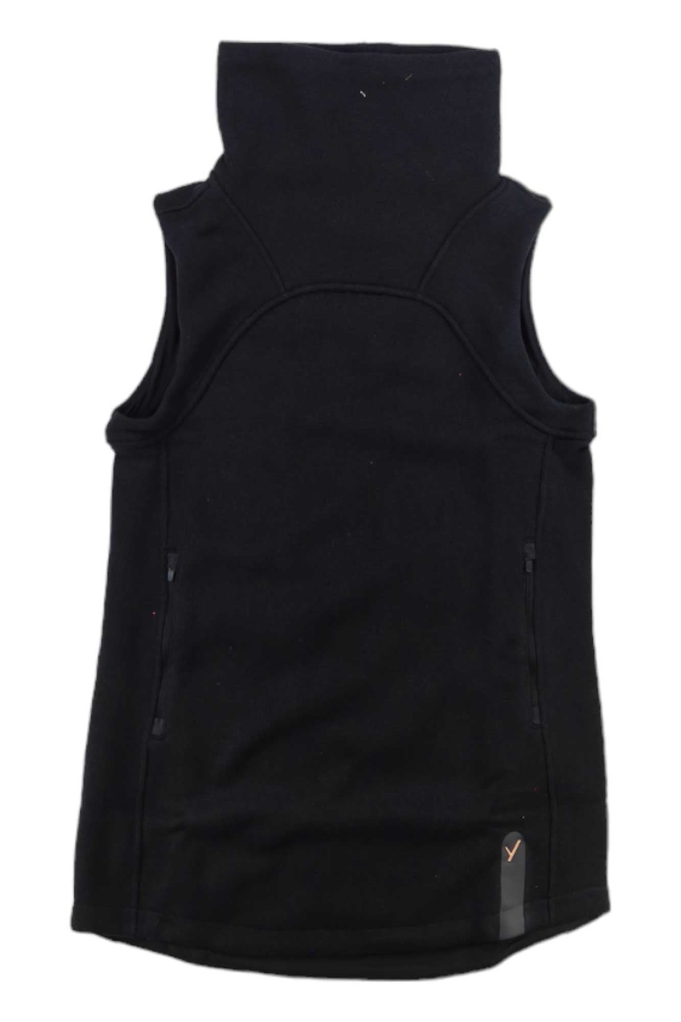 Black sleeveless pullover tunic with high collar and curved neckline seam