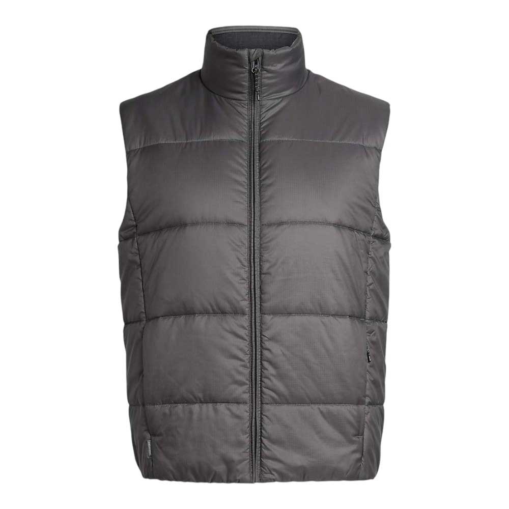 The Icebreaker Mens Collingwood Vest is a sleeveless, dark gray, lightweight vest with a high collar, front zipper, and horizontal quilting. Wind-resistant and perfect for layering during cool outdoor adventures.