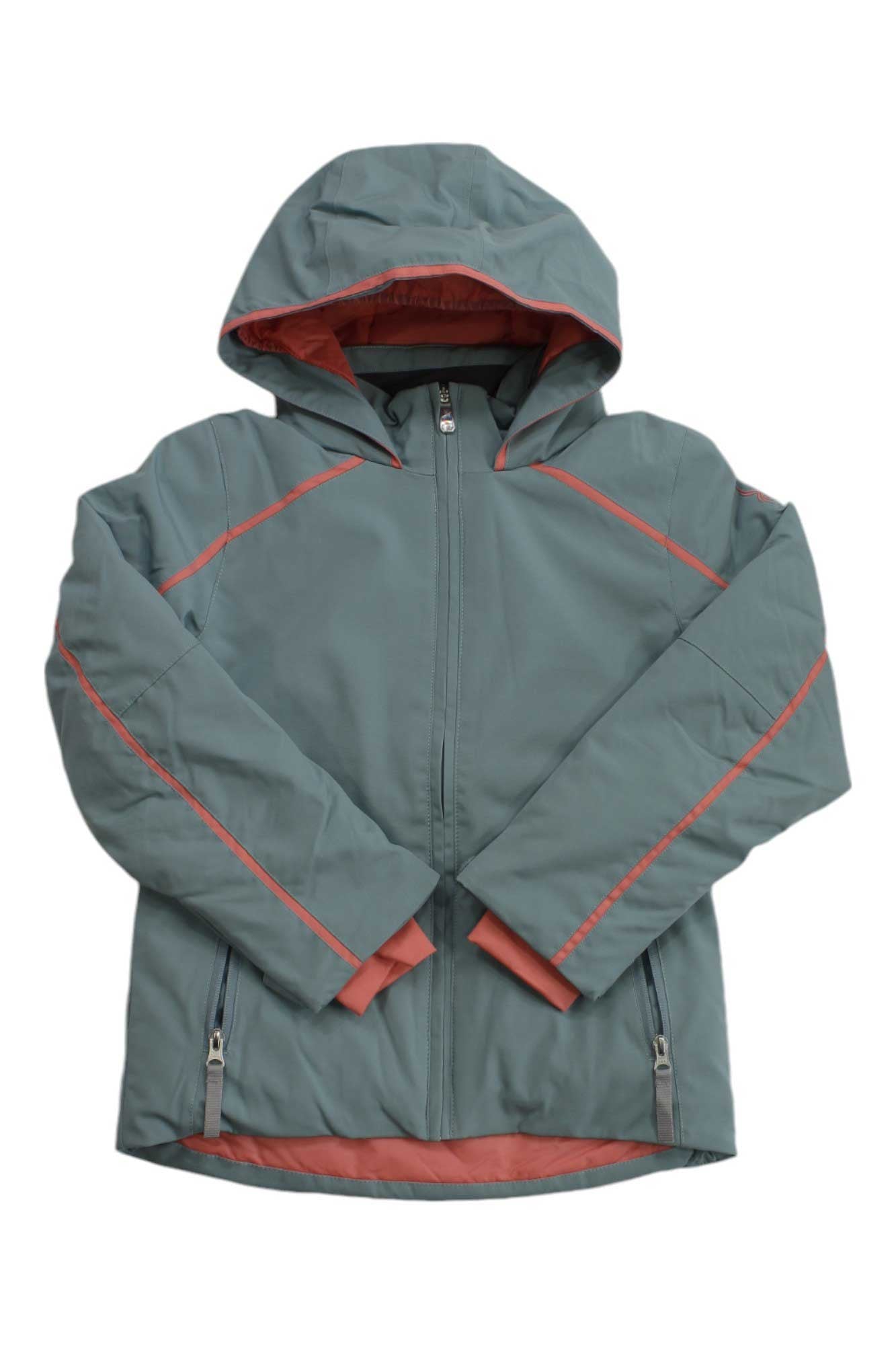 The Spyder Girls Conquer Jacket is a light teal ski jacket with coral orange accents, PrimaLoft Black ECO insulation, two front zippered pockets, and coral lining at the cuffs and hood. Shown laid flat with sleeves crossed at the front.
