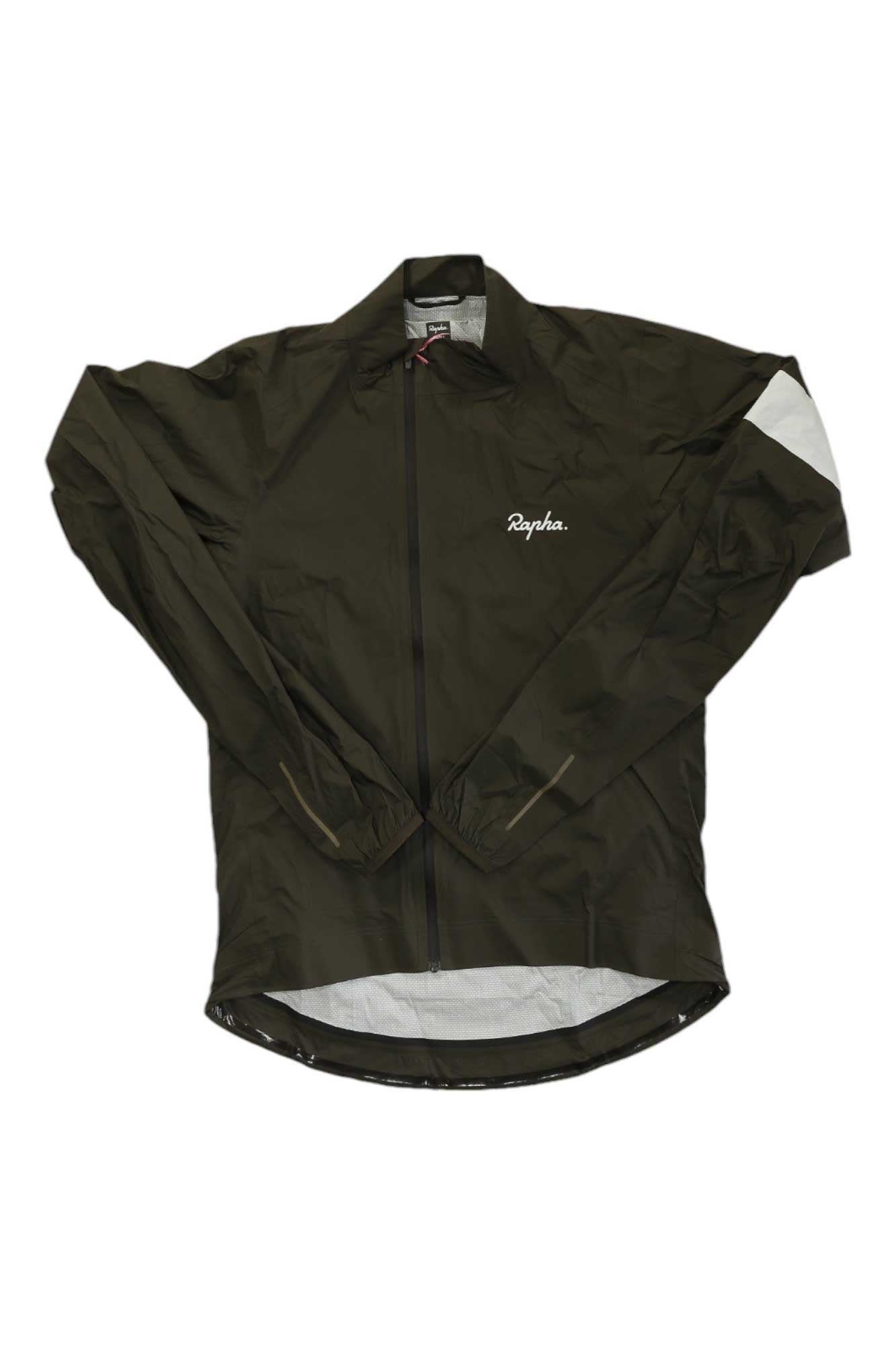 Men's olive rain jacket with full zipper, Rapha logo, white hem panel and cuffs