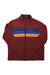 The Cotopaxi Men's Teca Fleece Full Zip Jacket is maroon with blue and orange chest stripes, made from recycled polyester fleece, and features a small left-side Cotopaxi logo—ideal for stylish, casual wear.