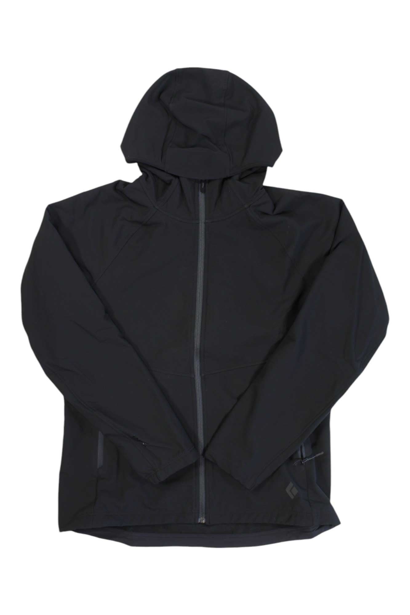 The Black Diamond Womens Element Hoody is a plain black zip-up fleece jacket with a hood, long sleeves, and two side pockets, perfect as a breathable midlayer. Displayed on a white background.