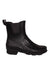 The Lacrosse Womens Grange Chelsea 5 Boot is a black, ankle-high rubber boot with an ankle fit, textured sole, elastic side panel, and back pull tab. This waterproof women's boot is displayed in side profile against a white background.