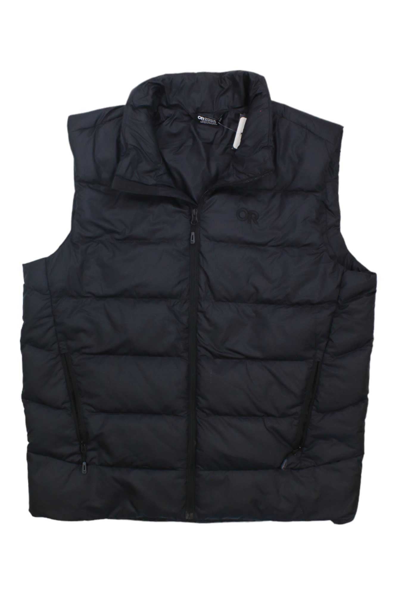 The Outdoor Research Mens Coldfront Down Vest in black features eco insulation, water-resistant fabric, a front zipper, and two zippered side pockets. Shown sleeveless and laid flat on a white background.