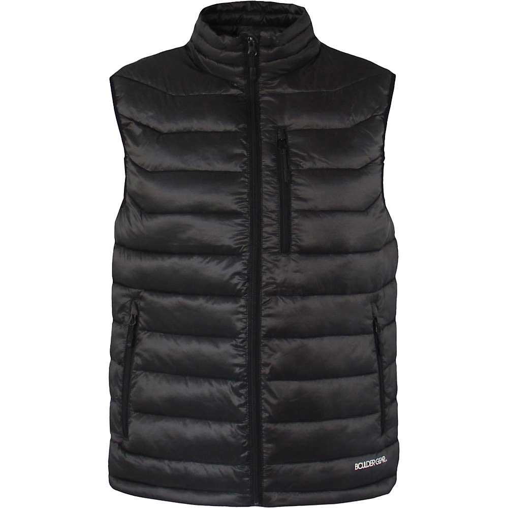 The Boulder Gear Mens Sawyer Puffy Vest is a black, sleeveless, water-resistant vest with a high collar, front zipper, side and chest zip pockets, and logo detail—ideal outerwear for snowsports.