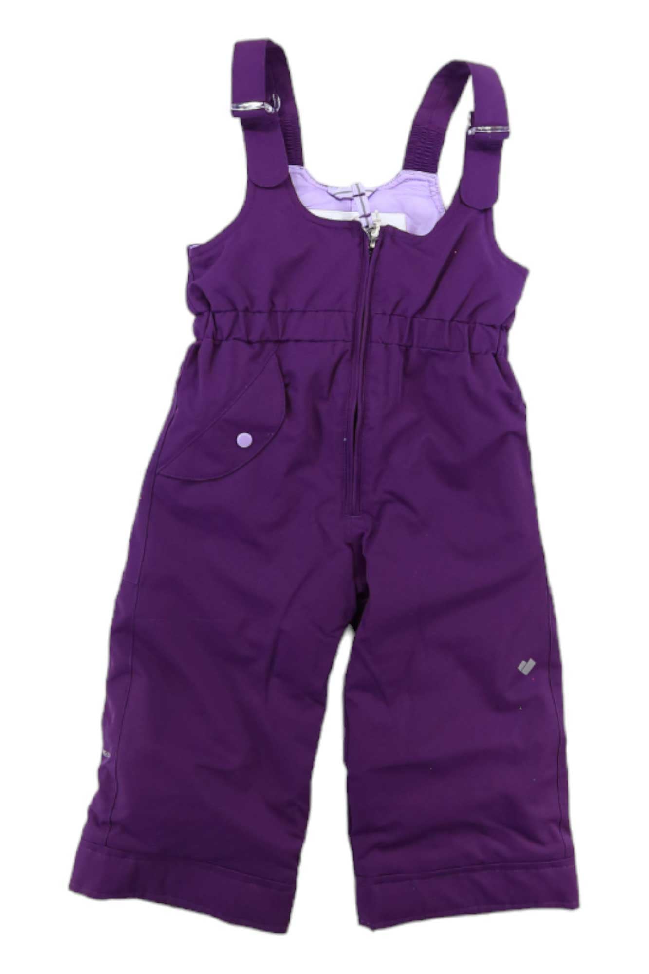 A pair of purple Obermeyer Girls Snoverall Pant insulated ski pants with adjustable straps, a front zipper, and side pockets is shown on a white background.