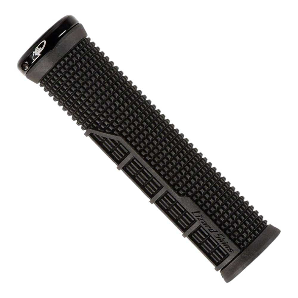 The Lizard Skins Charger Evo Single-Sided Lock-On Grip features a black textured surface with small raised squares for traction, a metal lock ring on one end, and "Lizard Skins" imprinted—ideal for MTB control.