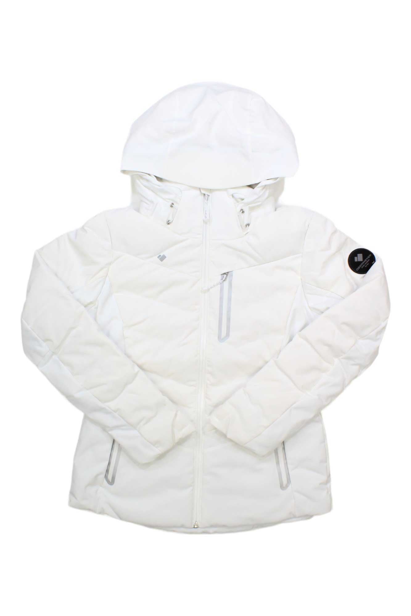 The Obermeyer Womens Cosima Down Jacket in white features a hood, front zipper, two zippered pockets, and a black circular patch on the left sleeve—an insulated winter jacket ideal for cold weather, shown on a plain white background.