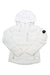 The Obermeyer Womens Cosima Down Jacket in white features a hood, front zipper, two zippered pockets, and a black circular patch on the left sleeve—an insulated winter jacket ideal for cold weather, shown on a plain white background.
