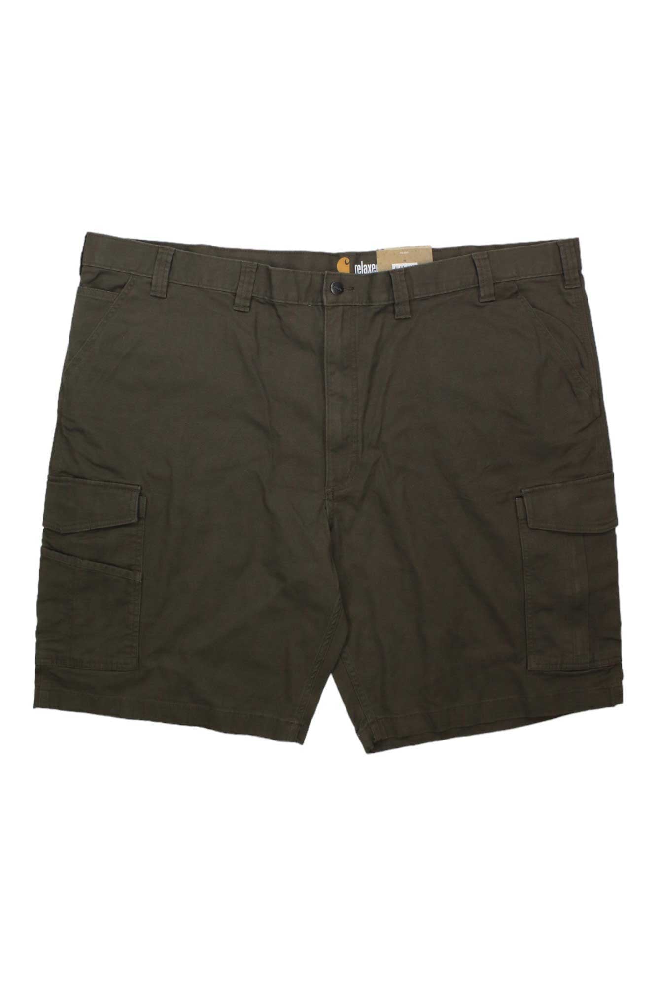 Carhartt Men's Rugged Flex Rigby Cargo 11 Inch Shorts in olive green, featuring belt loops, side pockets, and two large flap thigh pockets, are shown laid flat on a white background.