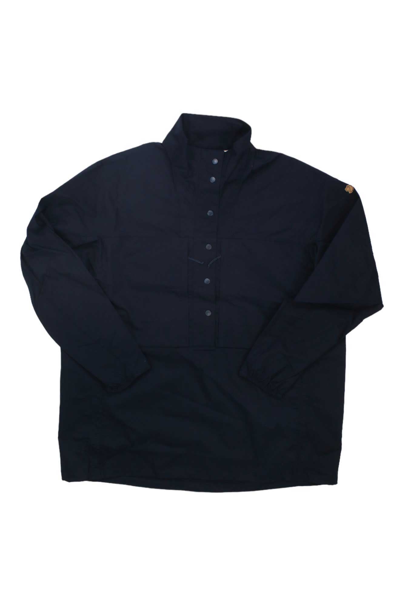The Fjallraven Women's Abisko Hike Anorak is a lightweight, long-sleeved hiking pullover in a dark color, made from G-1000 Air Stretch fabric with a button-up collar and chest pocket, shown on a white background.