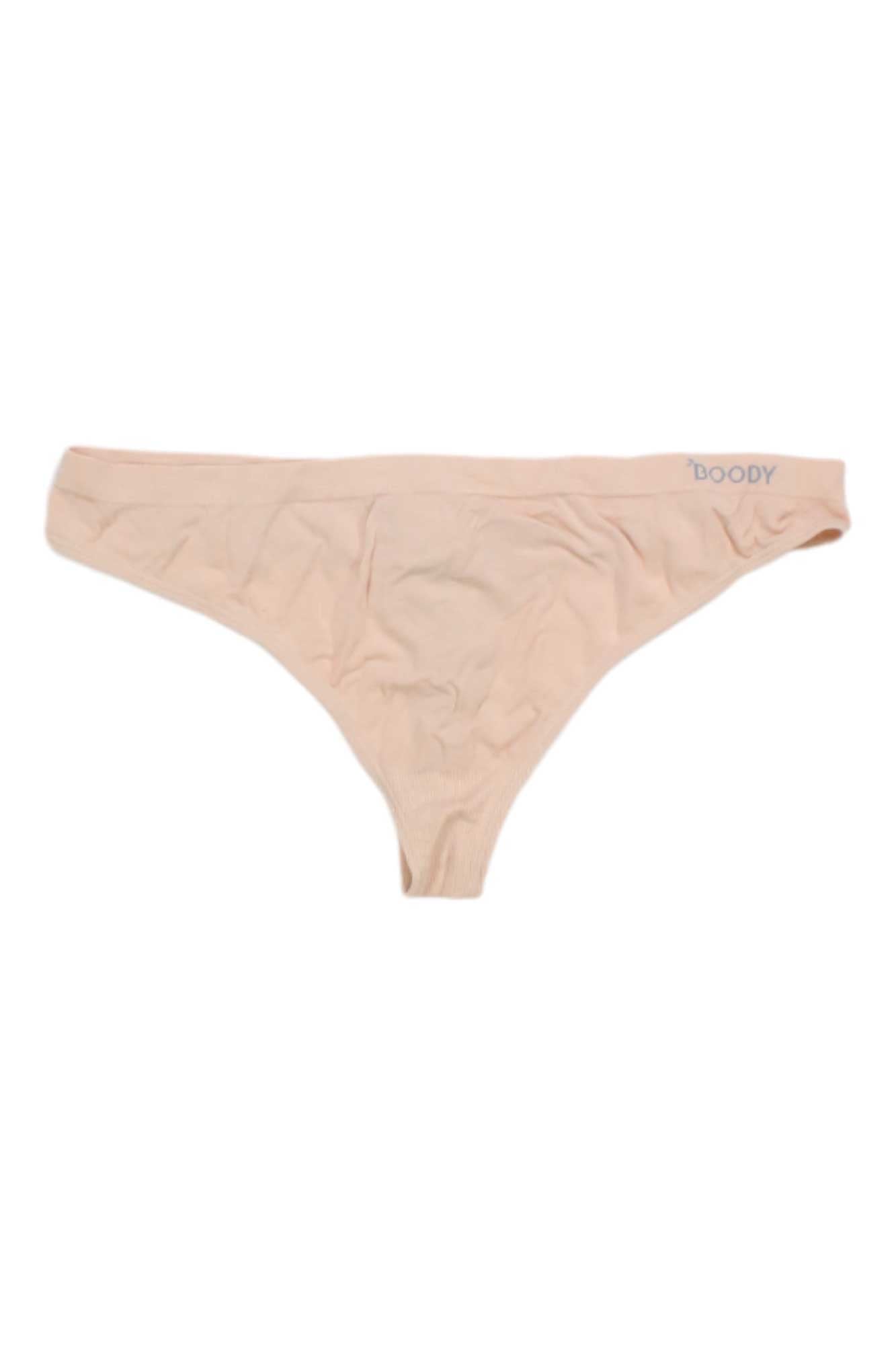 A Boody Womens G-String in light beige, made from eco-friendly materials, is shown flat on a white background with "Boody" printed on the waistband.