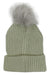 The Brixton Womens Alison Beanie is a light green knit hiking hat featuring a fluffy grey pom-pom, perfect for outdoor adventures.