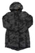 The Indyeva Womens Ayaba Jacket - Tie Dye is a long, hooded down jacket for women featuring a black and gray tie-dye pattern, front zipper, and zippered side pockets, displayed flat on a white background.