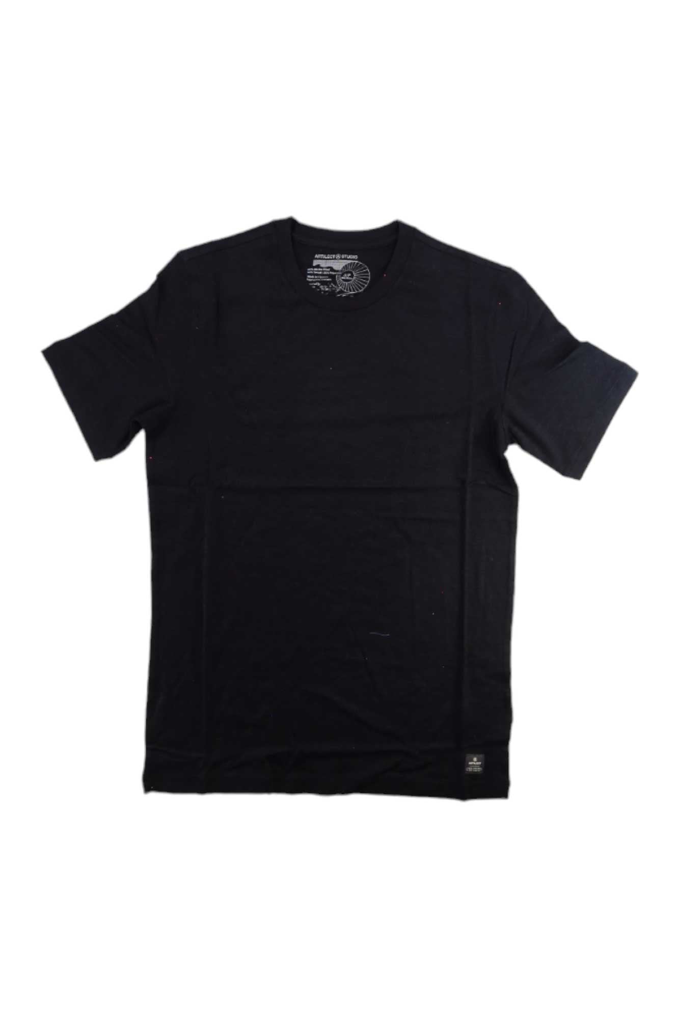 The Artilect Mens Utilitee T-Shirt, in plain black merino wool, is shown laid flat on a white background. It features a crew neckline, quick-drying fabric, and a small stitched label near the bottom hem.