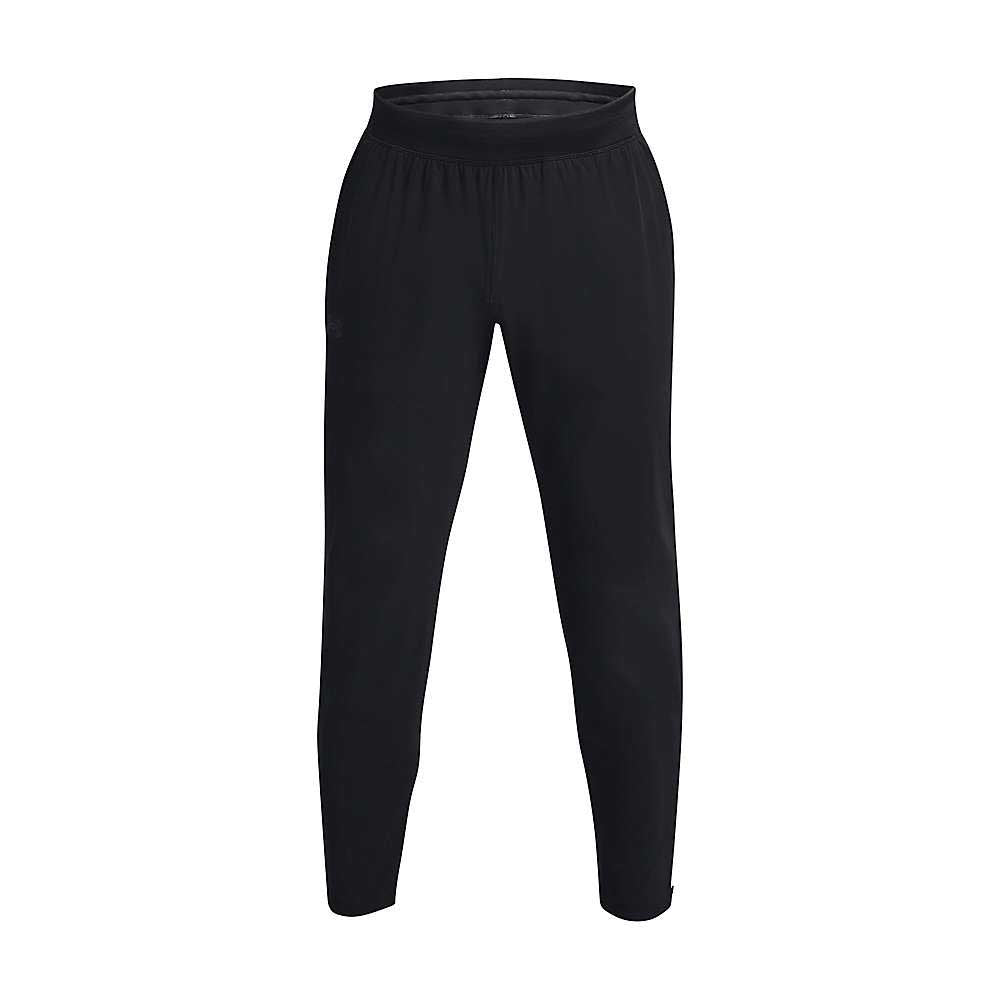 Under Armour Men's Storm Run Pant in black features stretch-woven fabric, an elastic waistband, and a tapered leg design, shown on a plain white background.